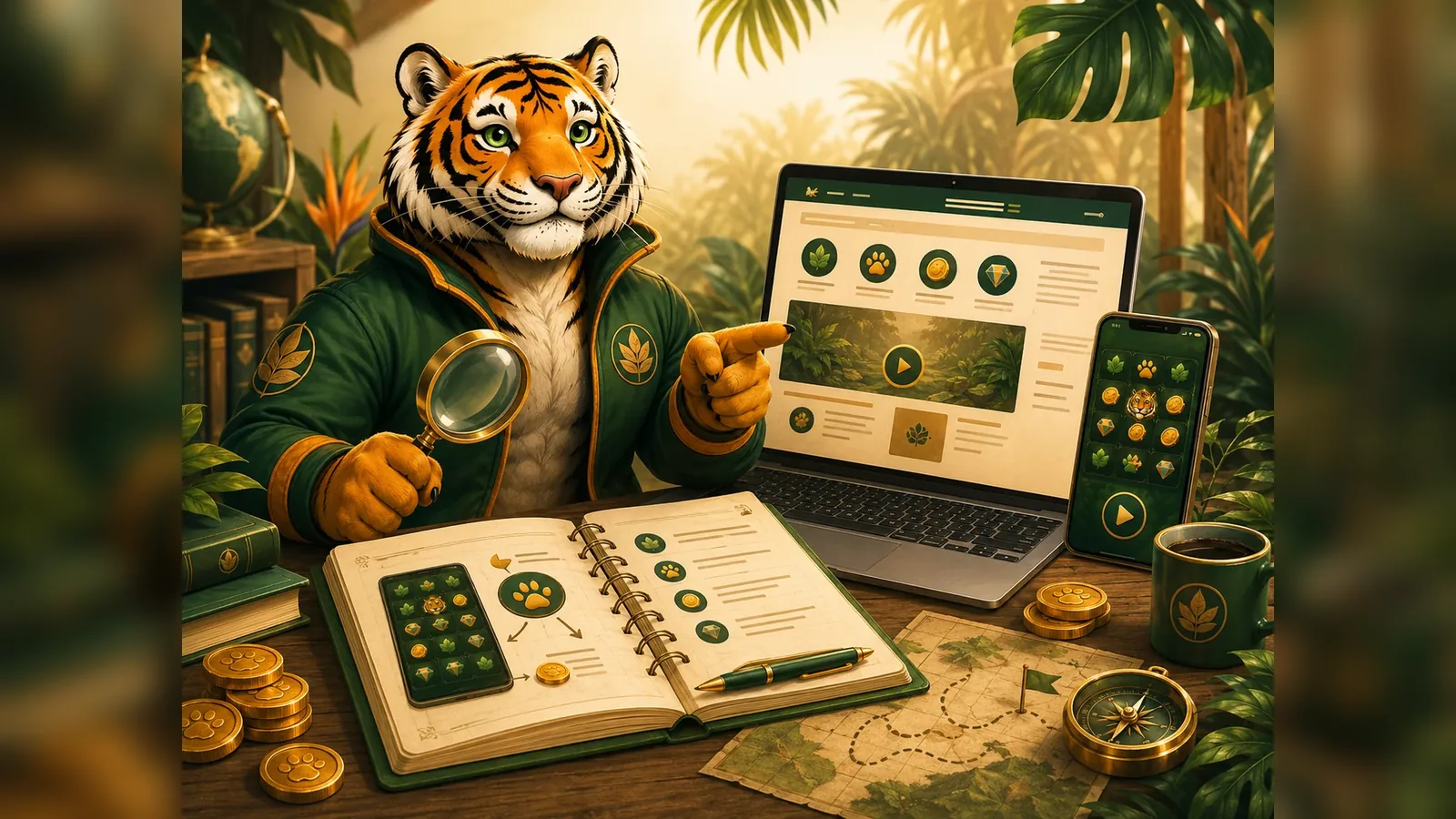Mascote tigre em mesa de análise com notebook, celular e caderno de verificação