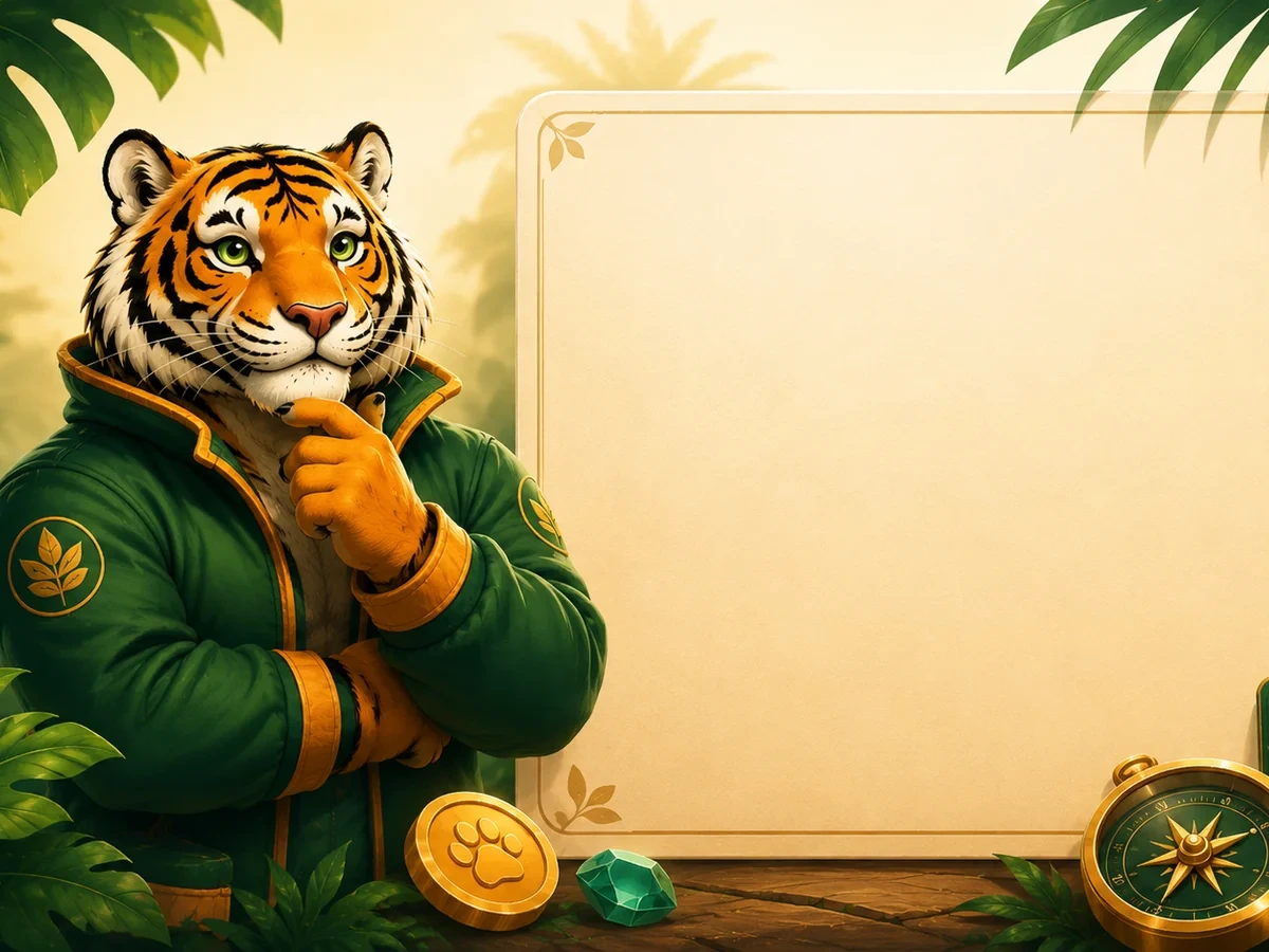 Mascote tigre ao lado de painel editorial e símbolos de navegação